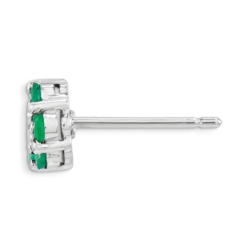 Sterling Silver Genuine Emerald And Diamond Center Flower Post Earrings