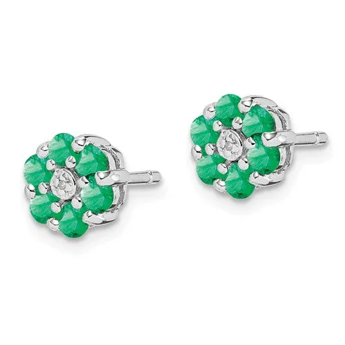 Sterling Silver Genuine Emerald And Diamond Center Flower Post Earrings