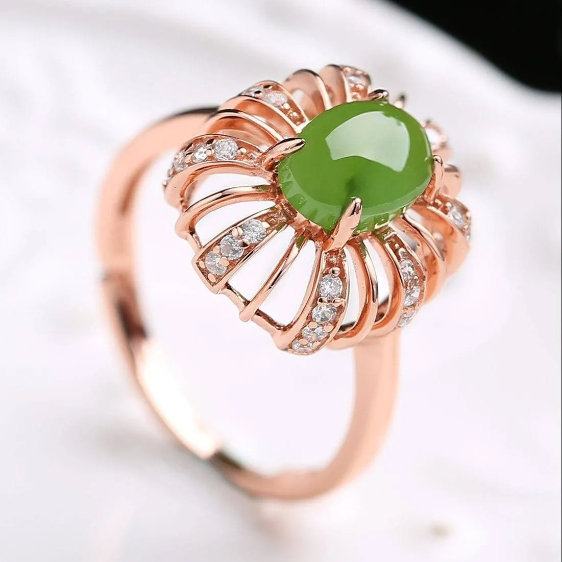 Sterling Silver Rose Gold Plated Genuine Green Nephrite Jade Ring