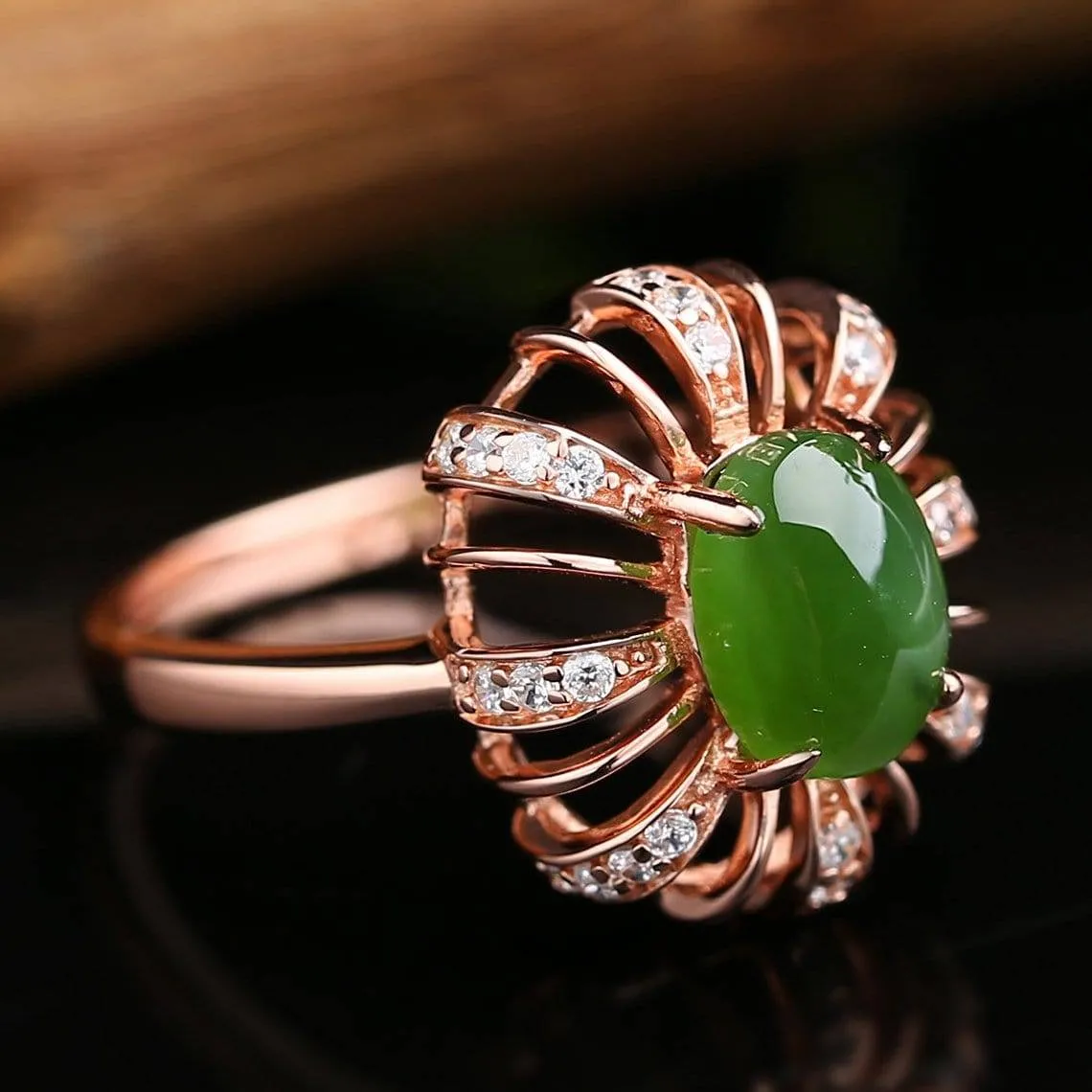 Sterling Silver Rose Gold Plated Genuine Green Nephrite Jade Ring