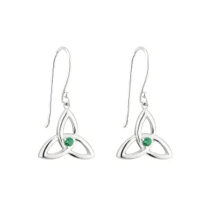 Sterling Silver Trinity Knot Drop Earrings with Emerald Glass Stones