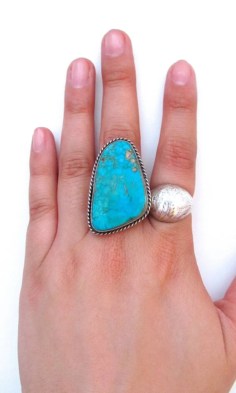 SUPER SIZE ME 1970s Large Statement Navajo Silver and Turquoise Ring, Sz 10 1/2