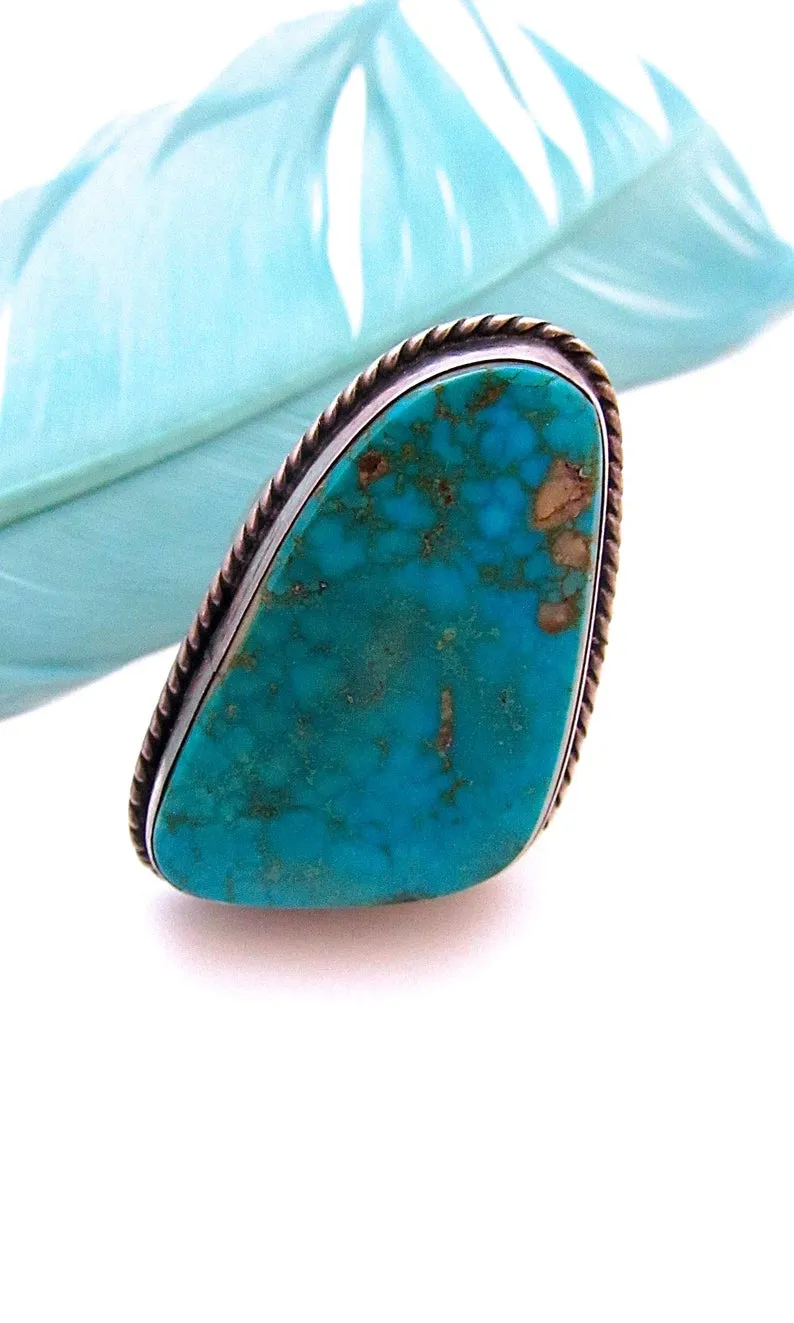 SUPER SIZE ME 1970s Large Statement Navajo Silver and Turquoise Ring, Sz 10 1/2