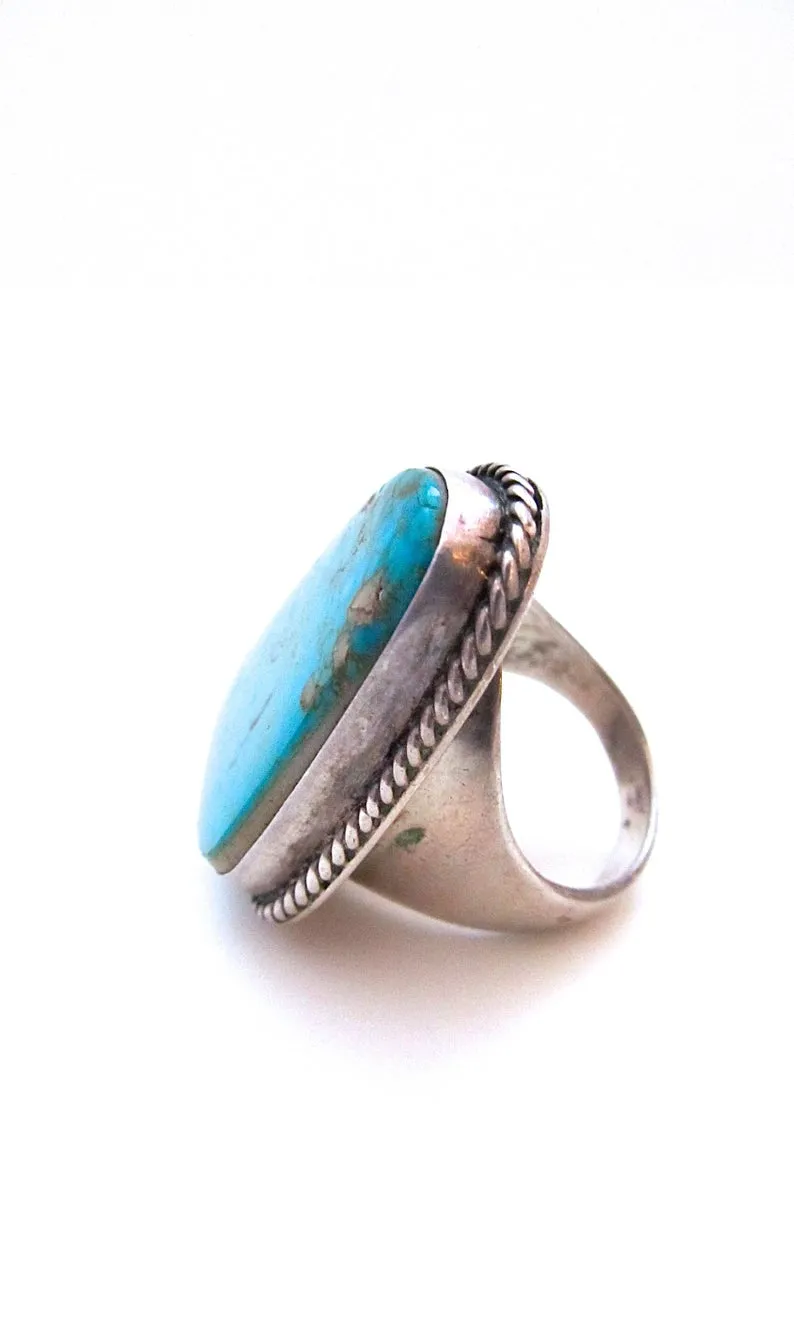 SUPER SIZE ME 1970s Large Statement Navajo Silver and Turquoise Ring, Sz 10 1/2