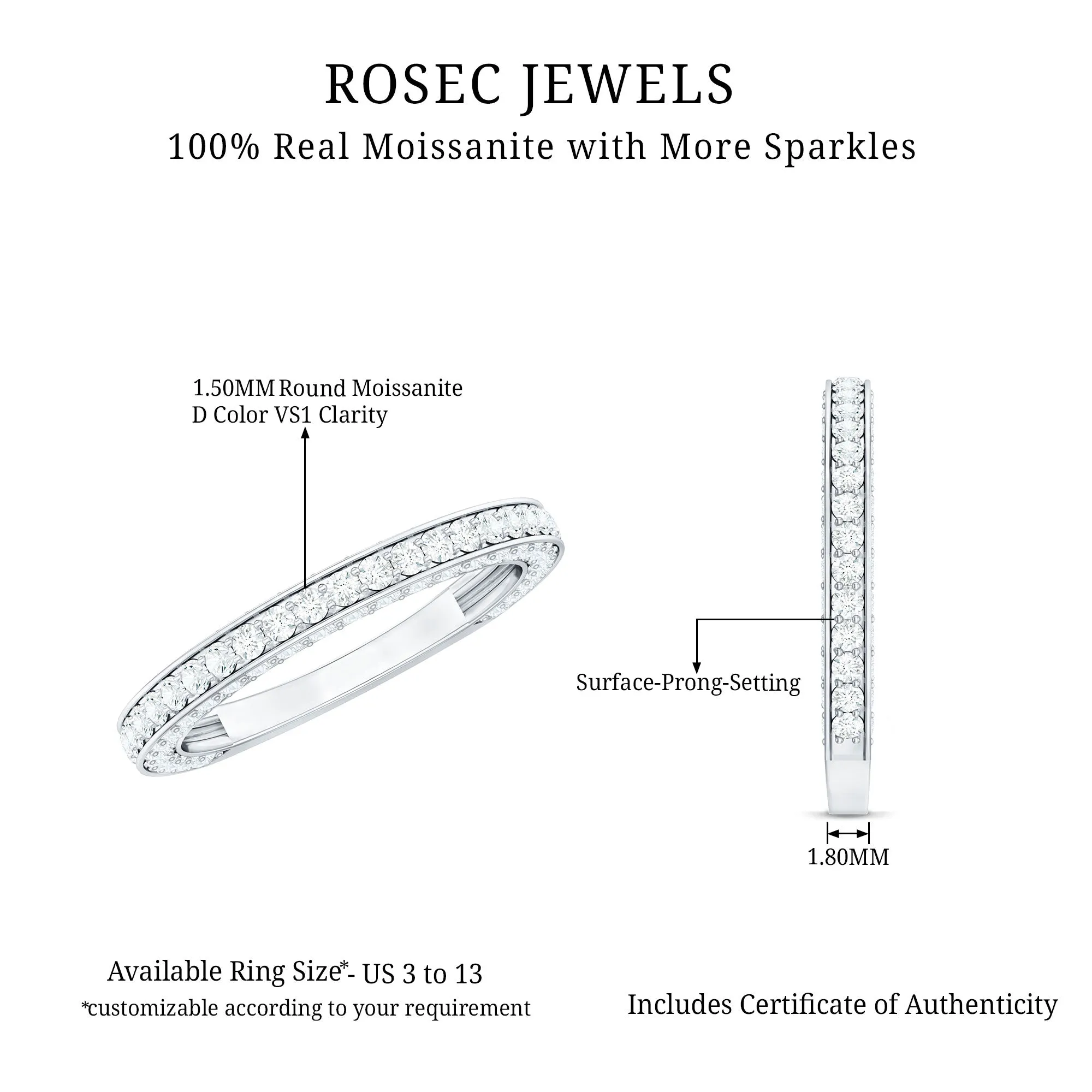 Surface Prong Set Moissanite Minimal Half Eternity Ring