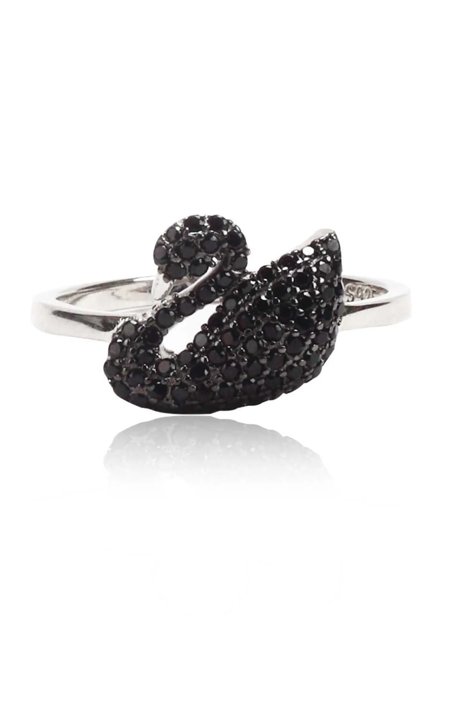 Swan Motif Black Swarovski Zircon Silver Ring