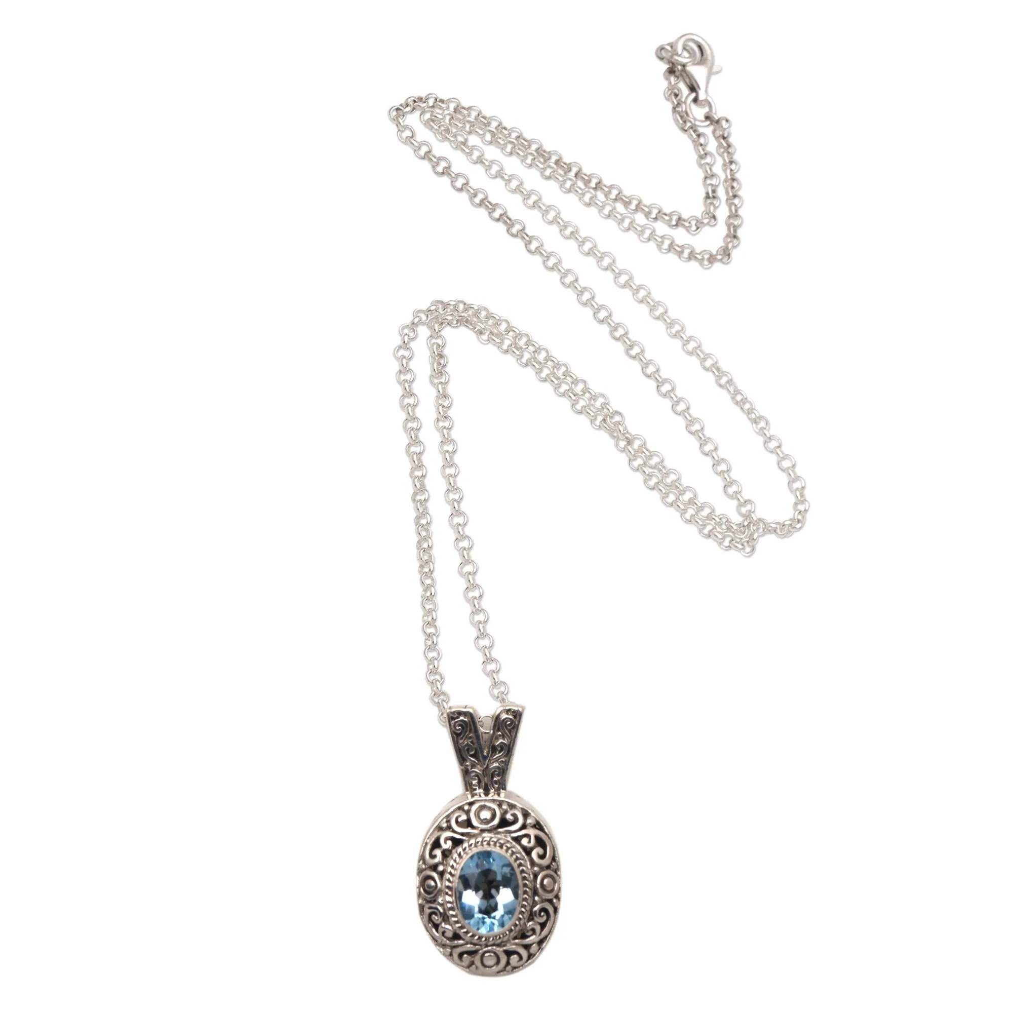 Swirl Pattern Blue Topaz Pendant Necklace from Bali - Angel Eye | NOVICA