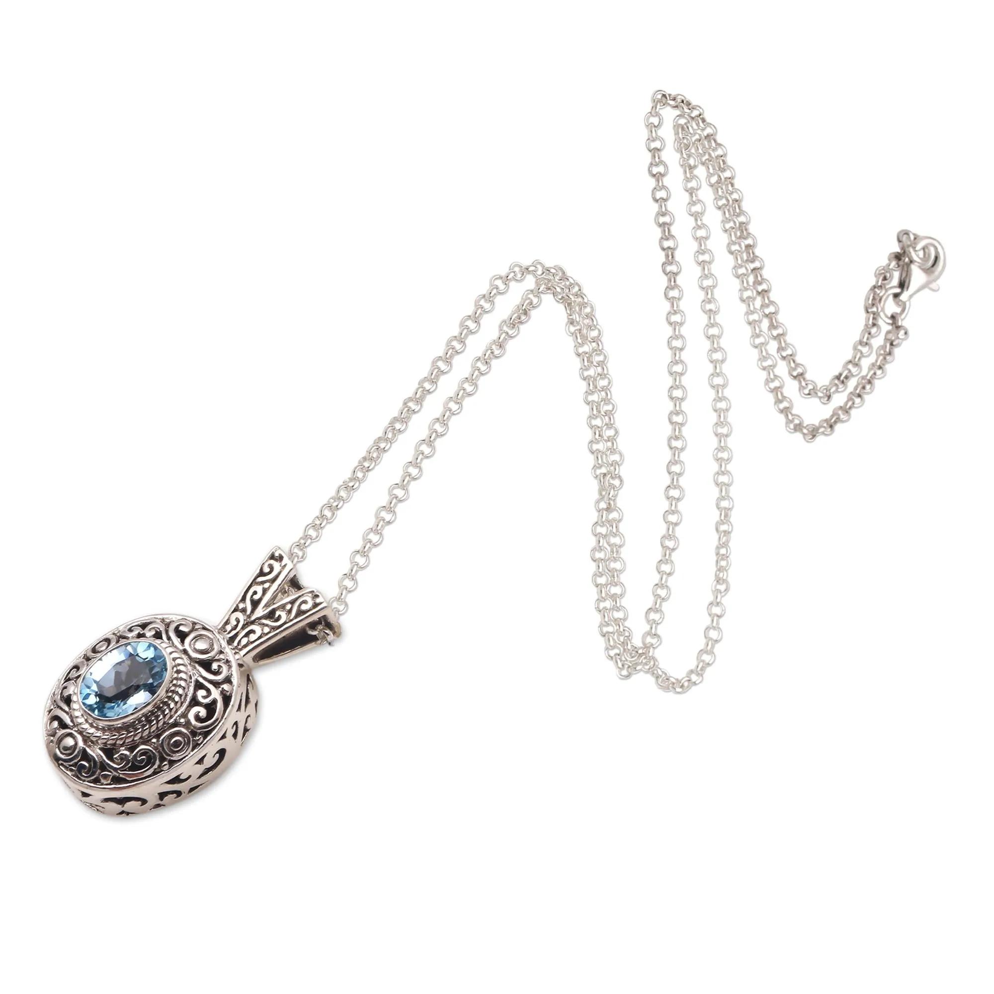 Swirl Pattern Blue Topaz Pendant Necklace from Bali - Angel Eye | NOVICA