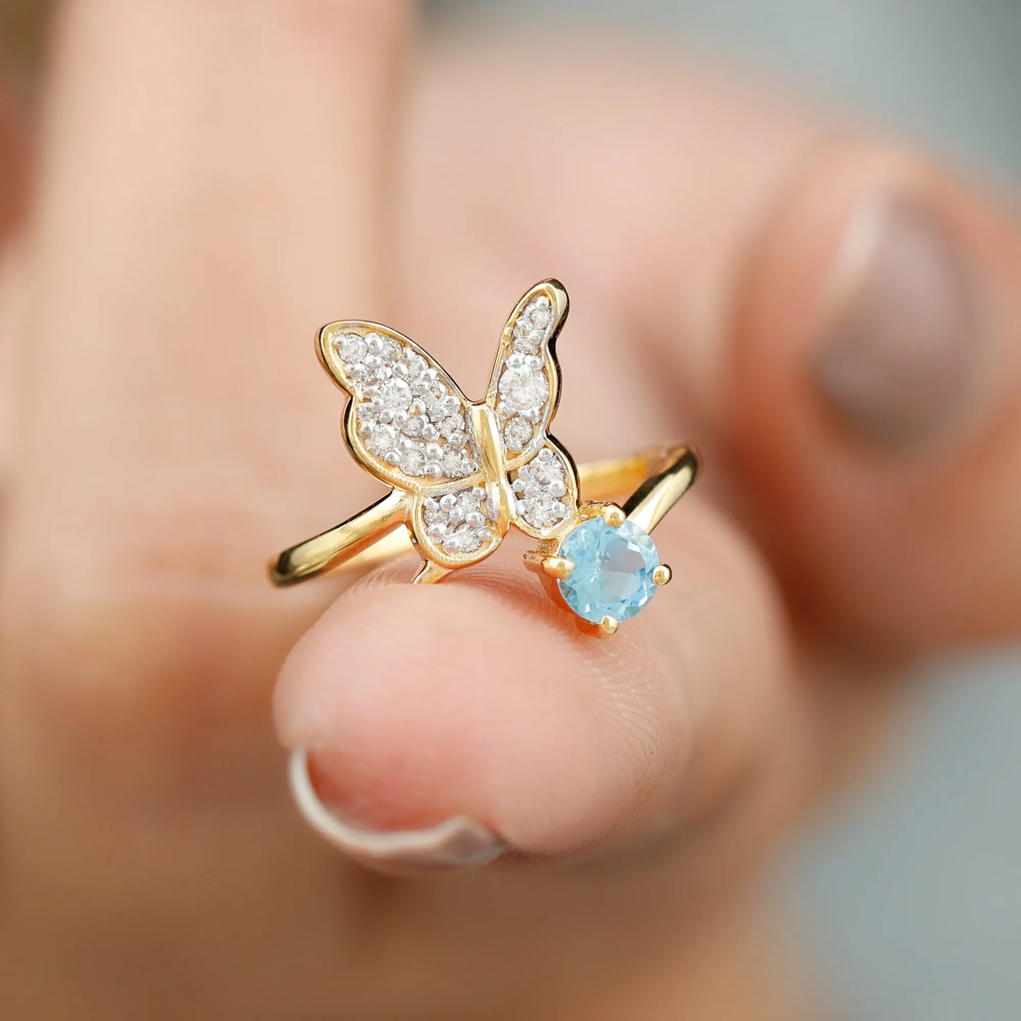 Swiss Blue Topaz and Diamond Butterfly Ring