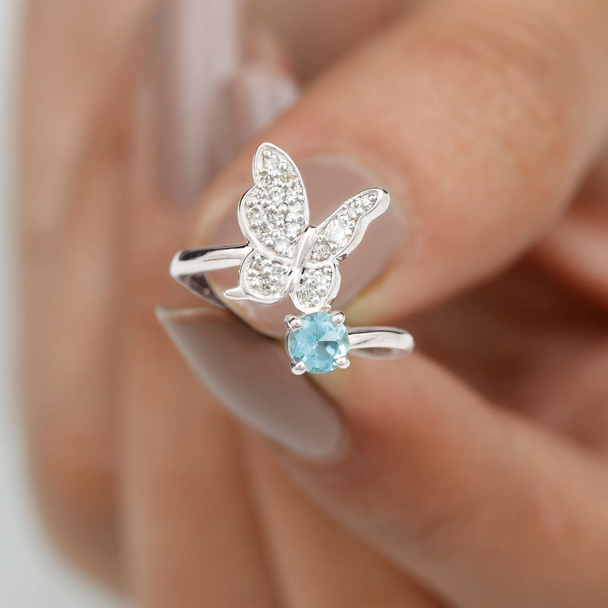 Swiss Blue Topaz and Diamond Butterfly Ring