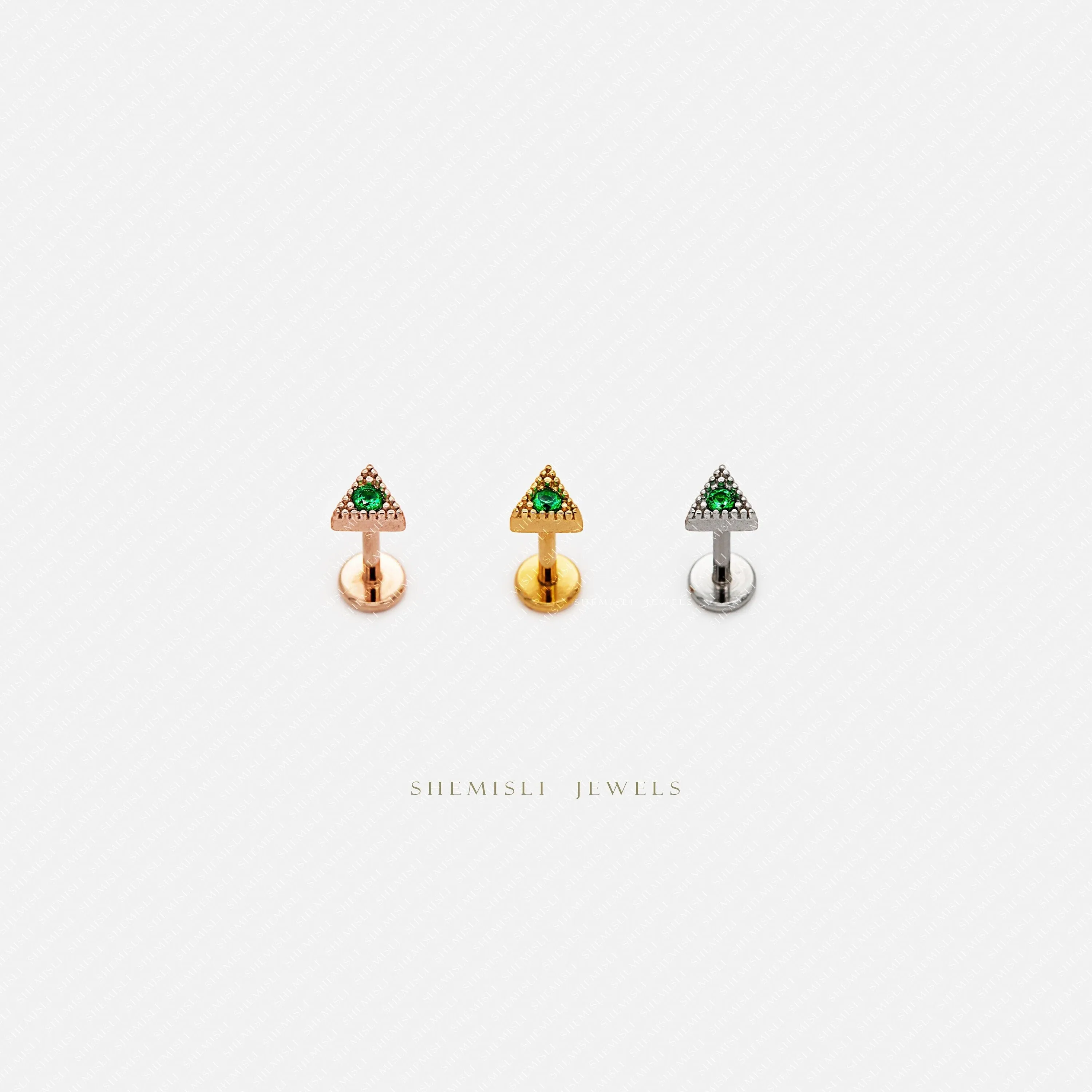 Tiny Triangle Emerald Stone Threadless Flat Back Earrings, 20,18,16ga, 5-10mm, Unisex, Surgical Steel, SHEMISLI SS555