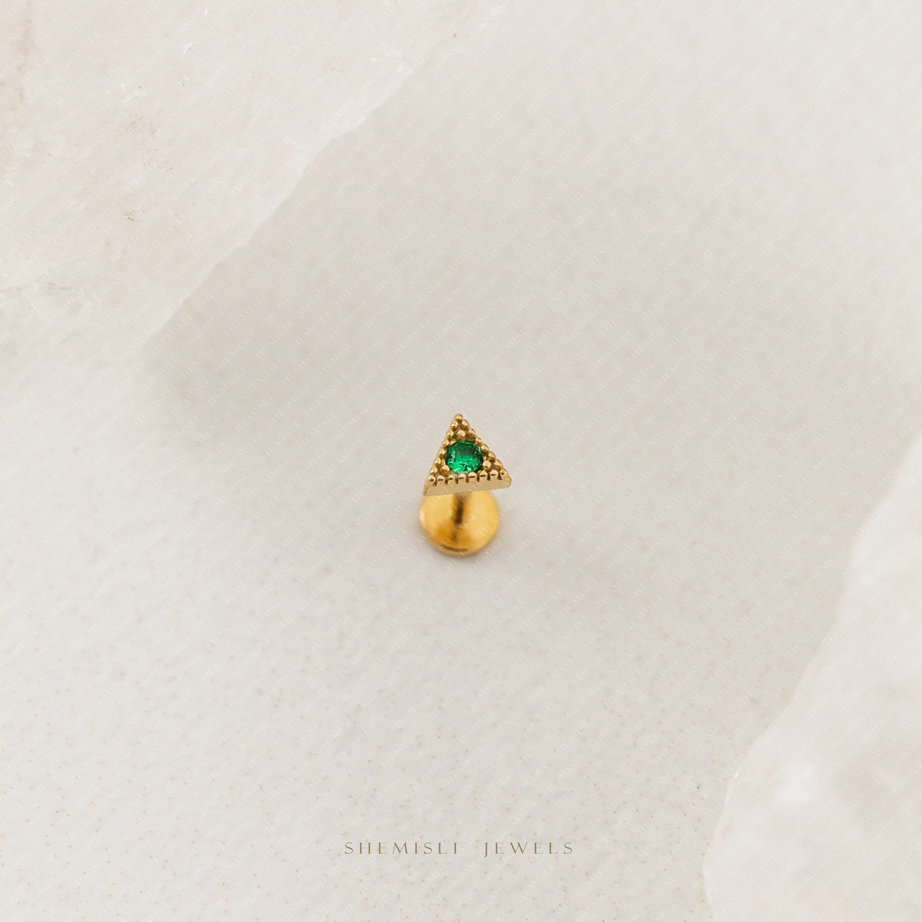 Tiny Triangle Emerald Stone Threadless Flat Back Earrings, 20,18,16ga, 5-10mm, Unisex, Surgical Steel, SHEMISLI SS555