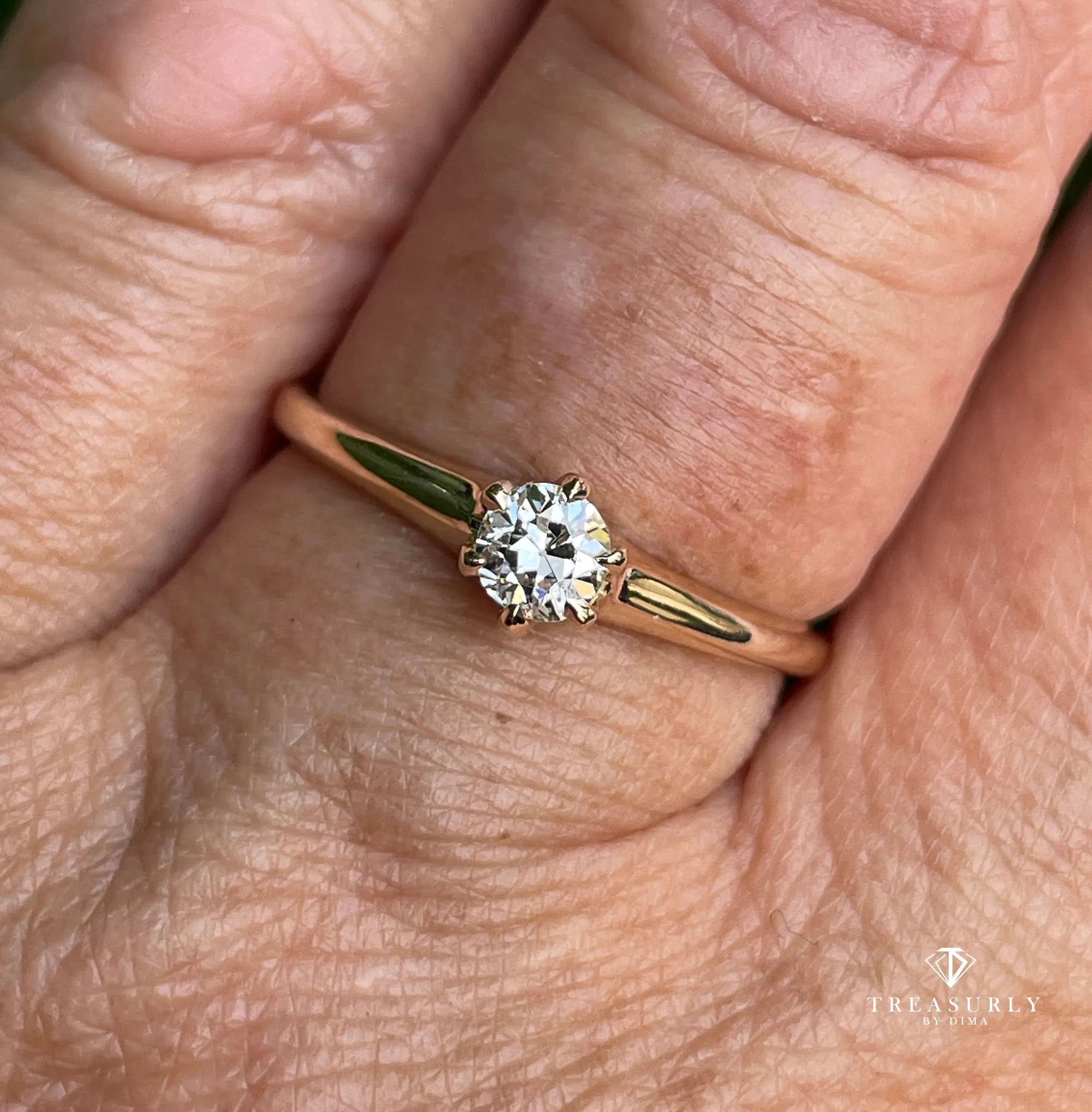 Victorian CIRCA 1890 Antique 0.26ct Old European Diamond Solitaire Engagement 14k Rose Gold Ring