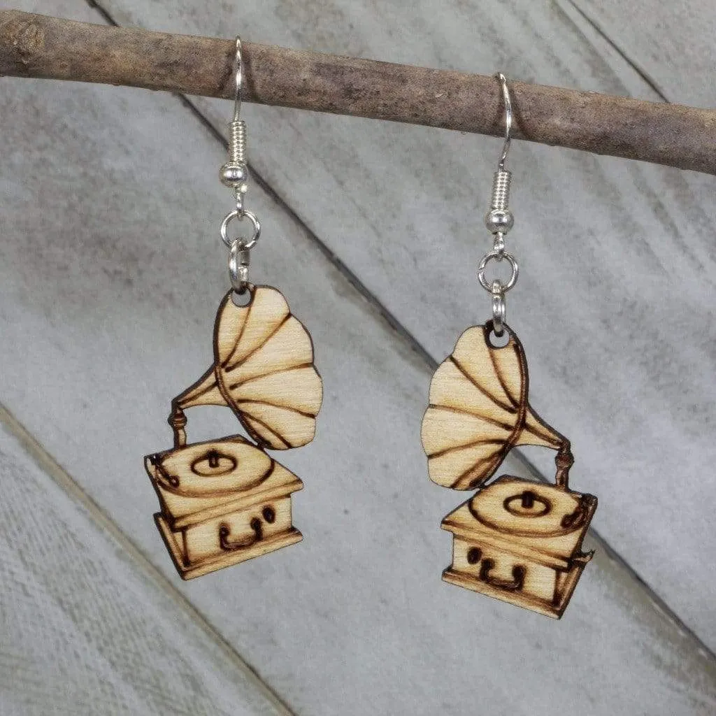 Victorian Gramophone Wooden Dangle Earrings by Cate's Concepts, LLC