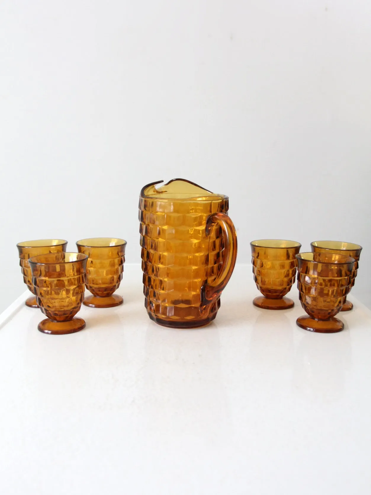 vintage amber glass tumblers and pitcher set