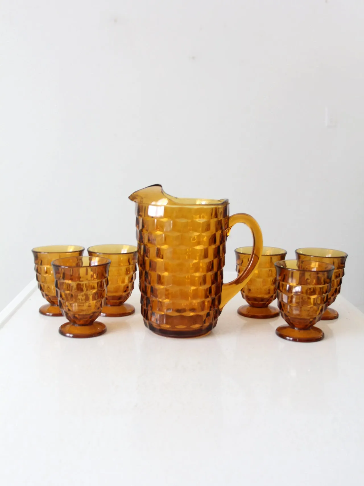 vintage amber glass tumblers and pitcher set