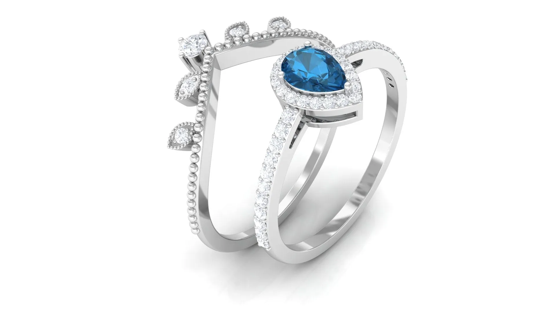 Vintage Inspired London Blue Topaz Teardrop Wedding Ring Set with Diamond