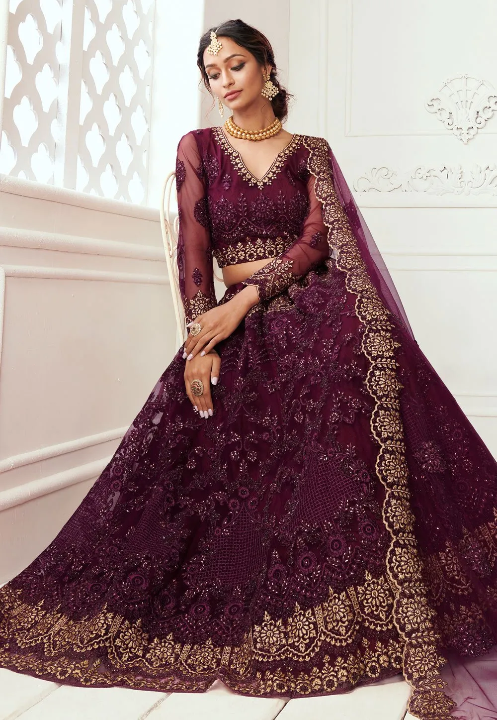 Wine Net Embroidered Wedding Lehenga Choli