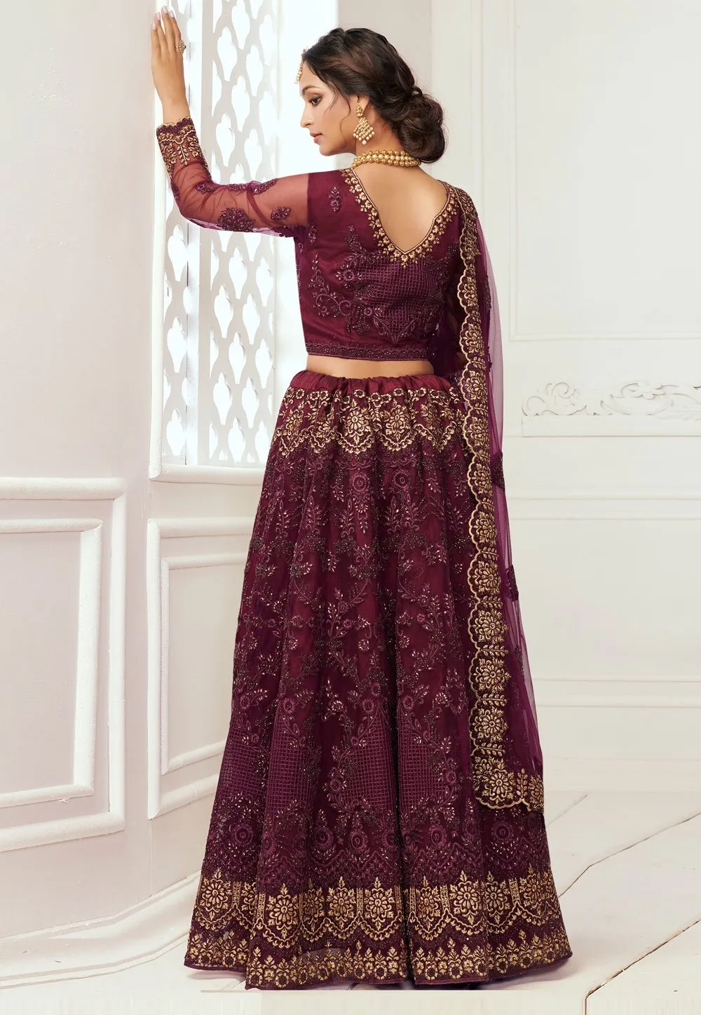 Wine Net Embroidered Wedding Lehenga Choli