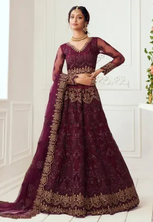 Wine Net Embroidered Wedding Lehenga Choli