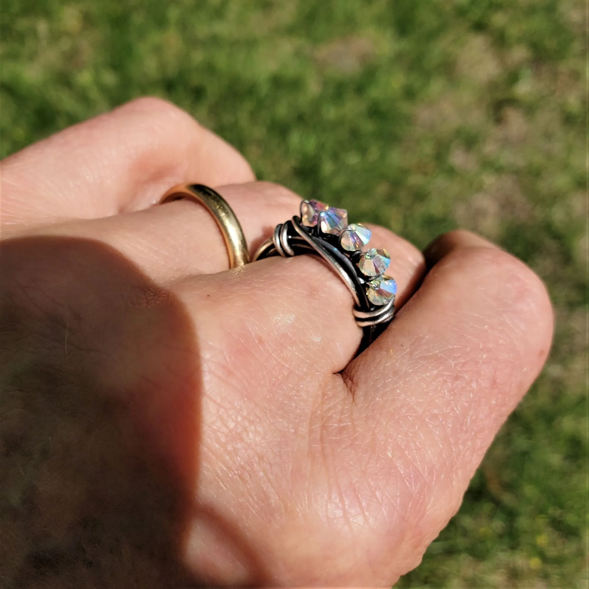 Wire Wrapped Antiqued  Silver Super Sparkly Multi Band Bling Ring