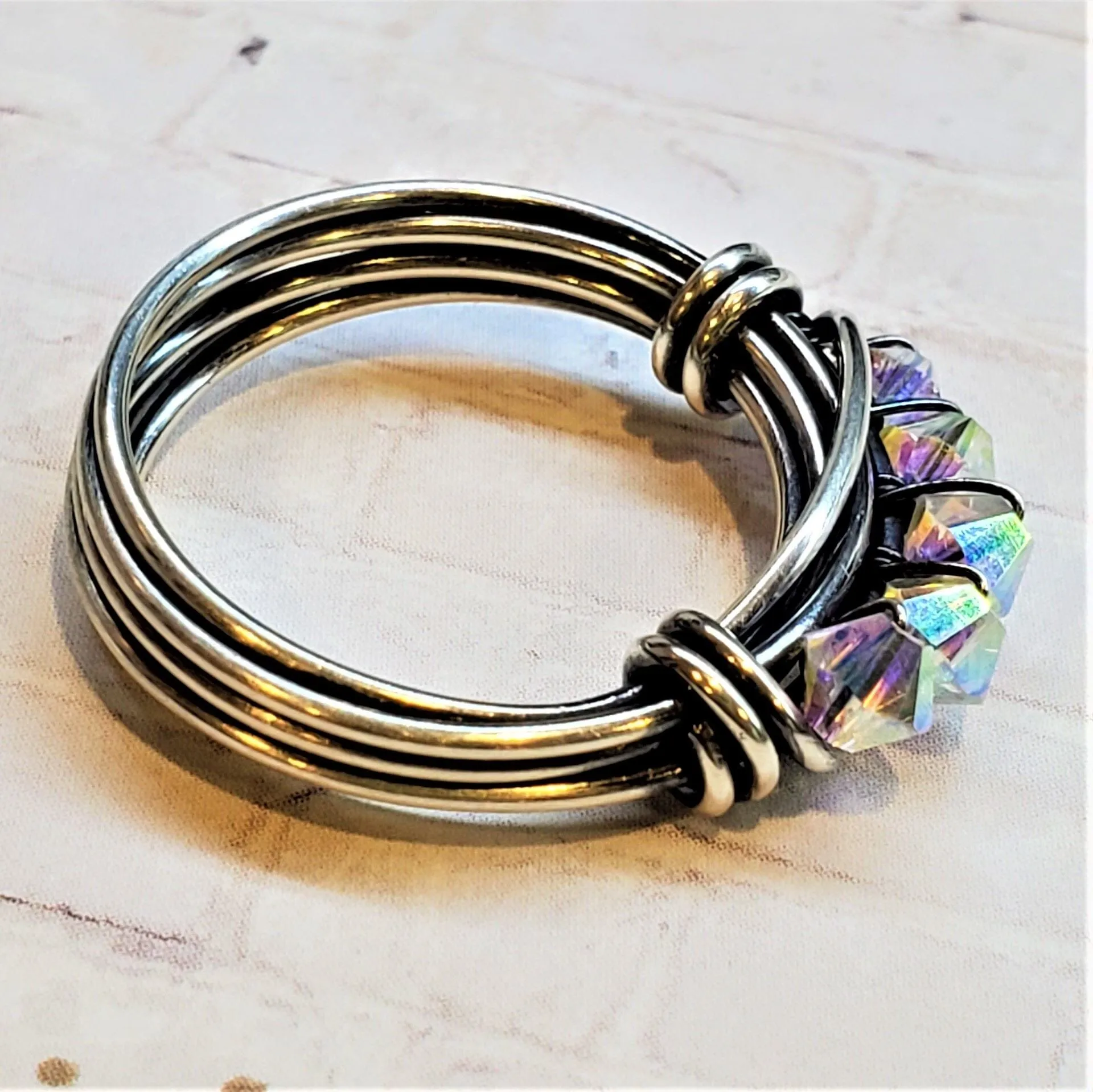 Wire Wrapped Antiqued  Silver Super Sparkly Multi Band Bling Ring