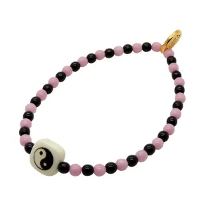 Yin Yang Chiclet Charm Two Tone Glass Bead Bracelet