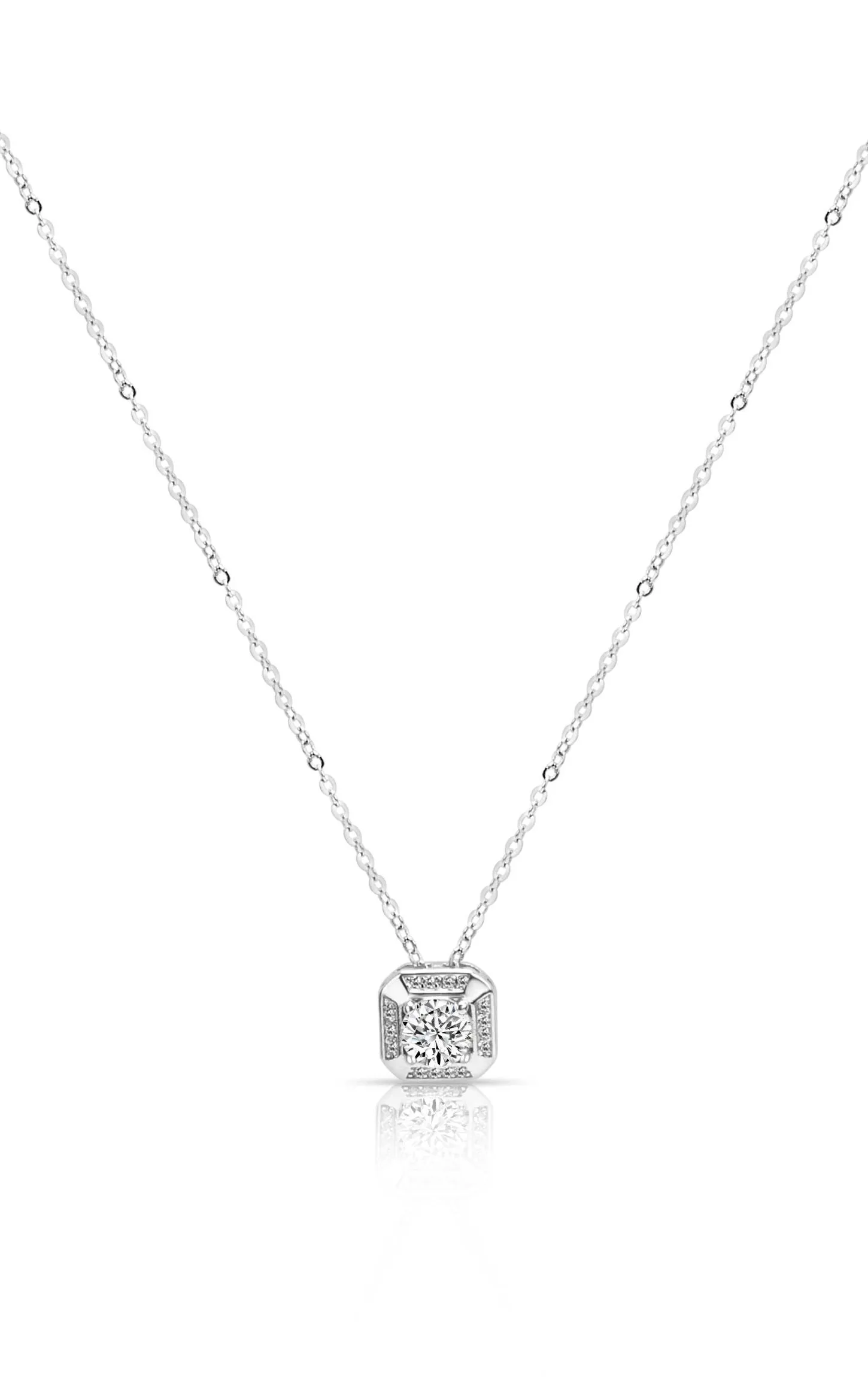 Zirconic Solitaire Rounded Square With Silver Chain