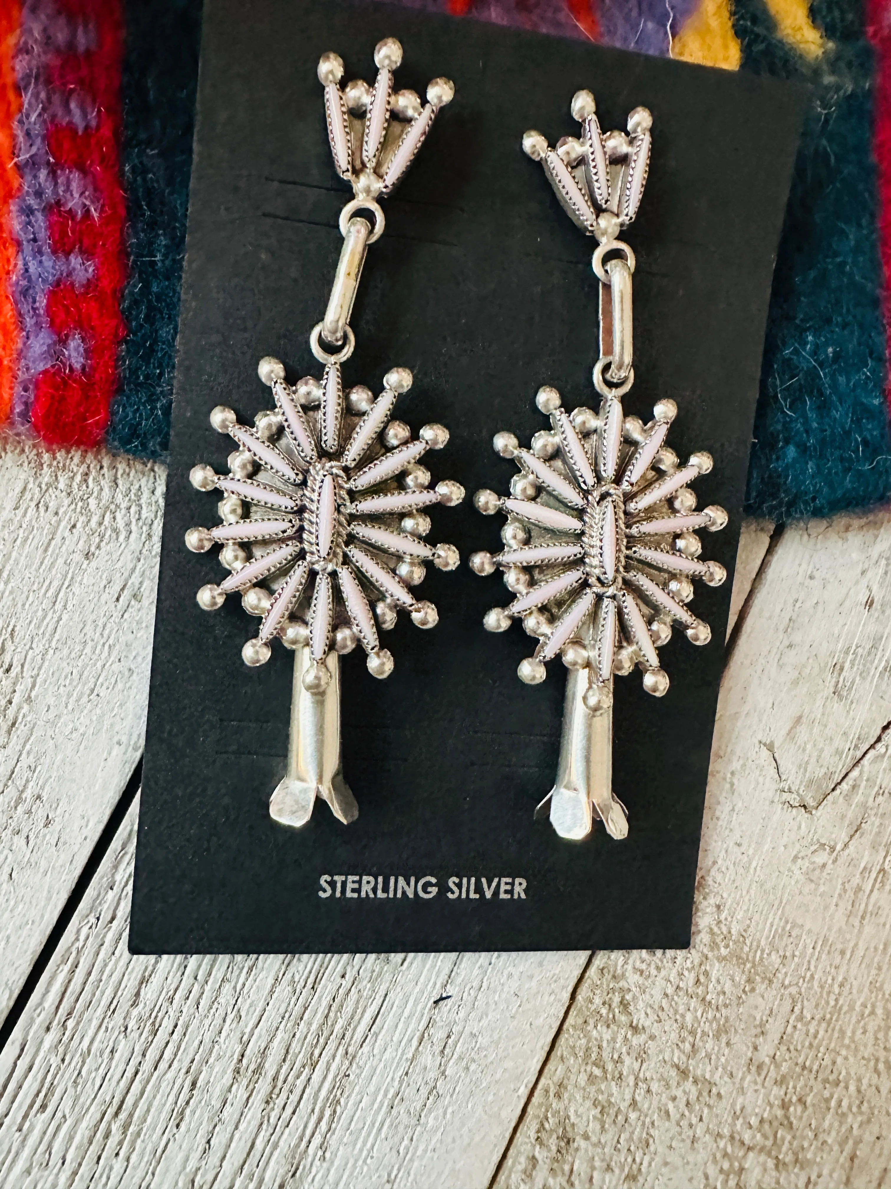 Zuni Queen Pink Conch & Sterling Silver Needlepoint Dangle Blossom Earrings